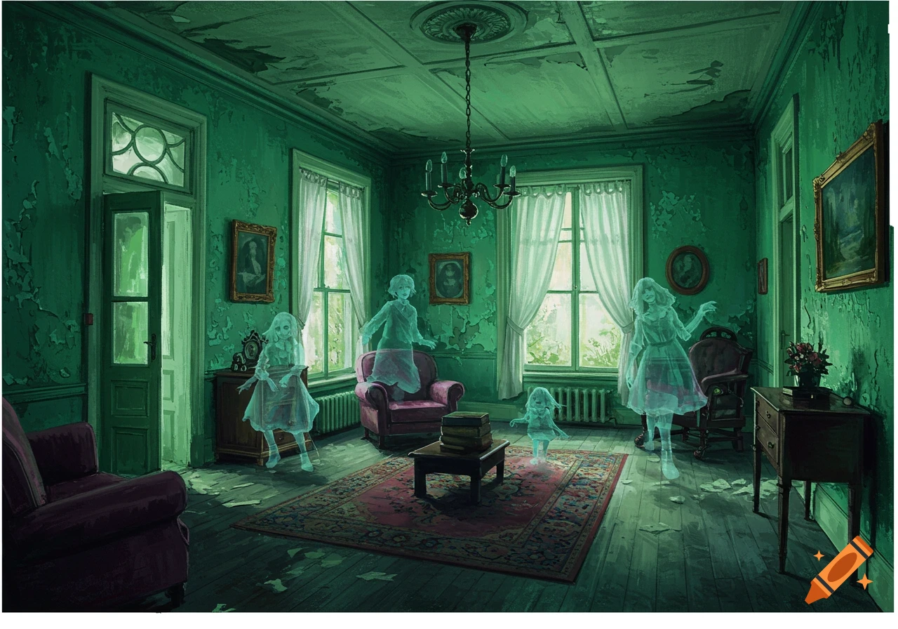 Ghosts floating in an old green room