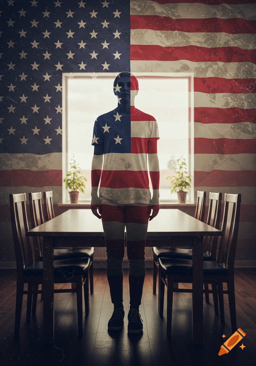 Conceptual image of a person overlaid with an American flag standing in a dining room.