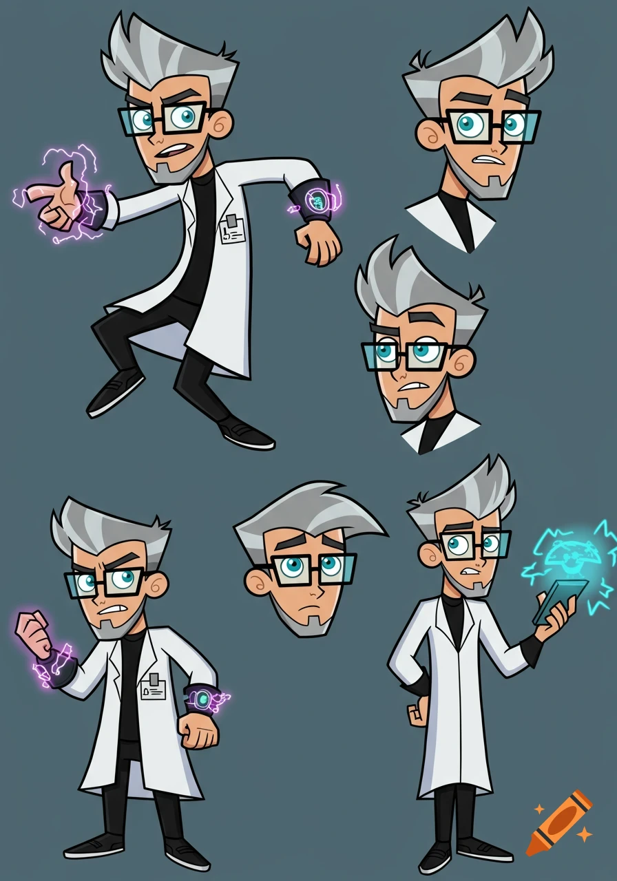 Cartoon character sheet of a scientist with gray hair and glasses in a lab coat, showing poses and expressions.