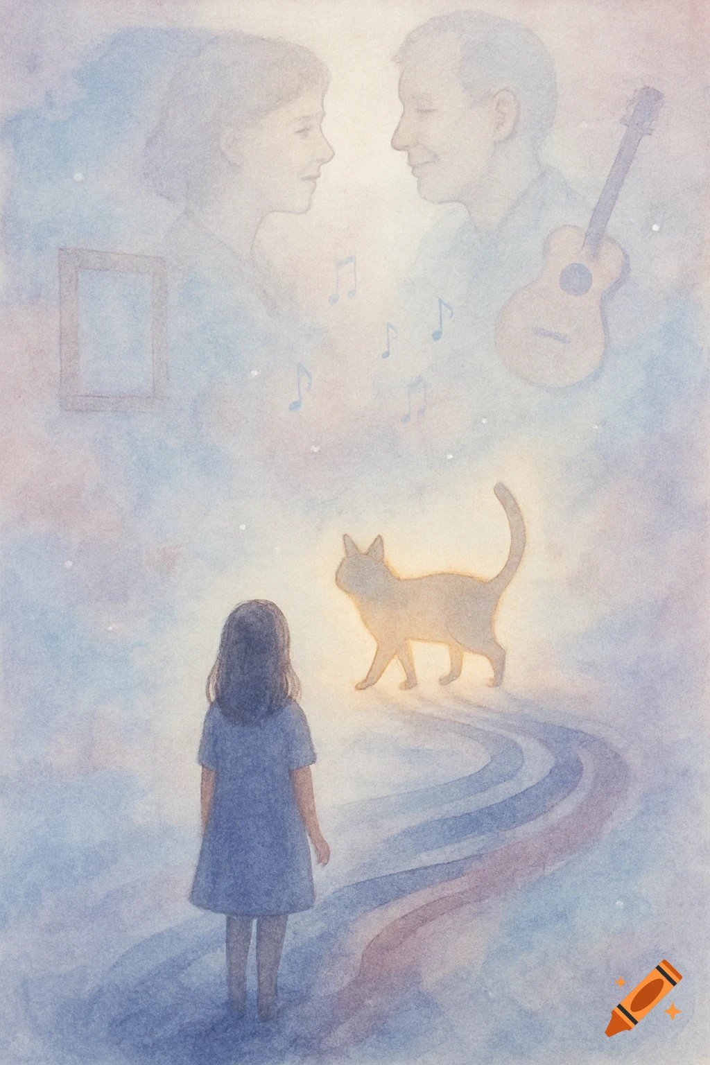 Watercolor of girl looking at glowing cat on rainbow path, with faded figures above.