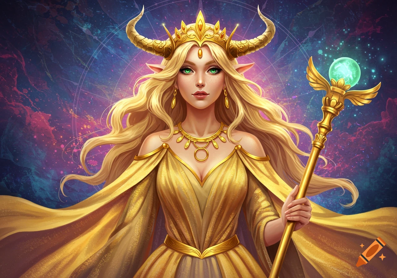 A blonde queen with horns and elf ears, wearing gold, holds a staff against a cosmic background.