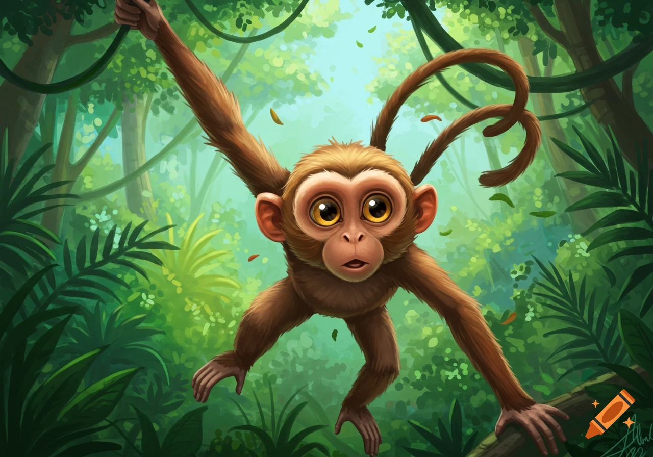 Cartoon illustration of a monkey swinging from a vine in a jungle.