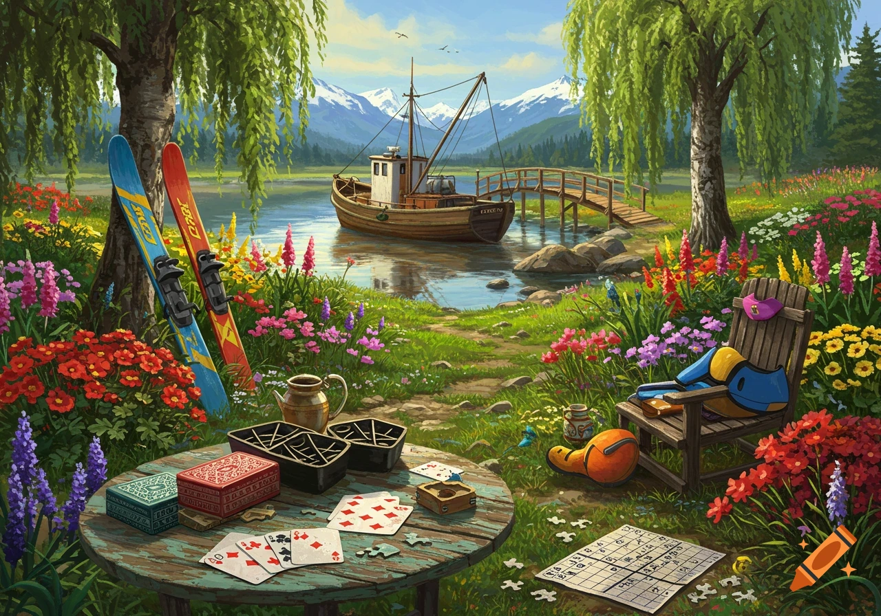 A vibrant landscape with a fishing boat on a lake, surrounded by mountains, flowers, and a table with skis, cards, and sudoku.