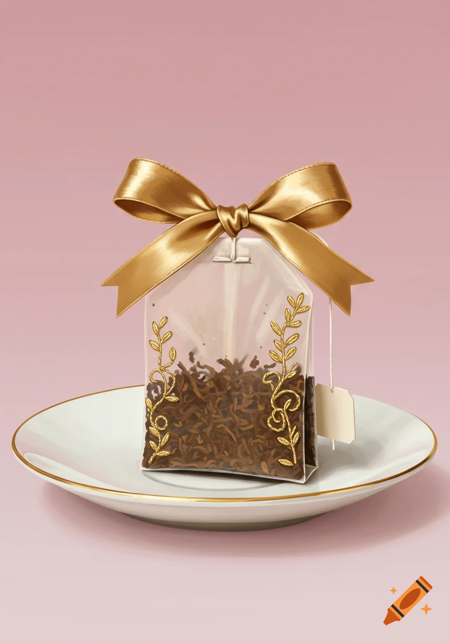 An illustrated tea bag with gold leaf design and a gold ribbon bow sits on a white plate with a gold rim.