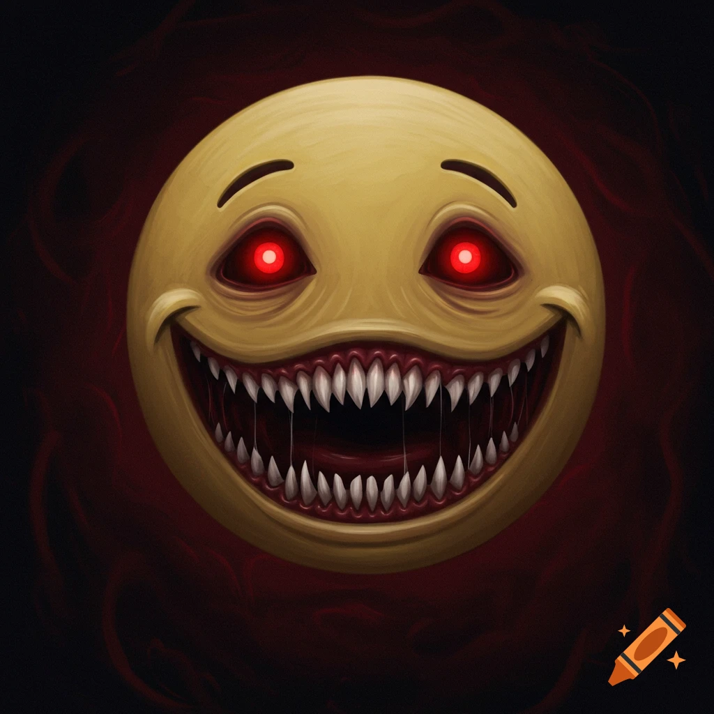 A scary yellow smiley face with glowing red eyes and sharp fangs.