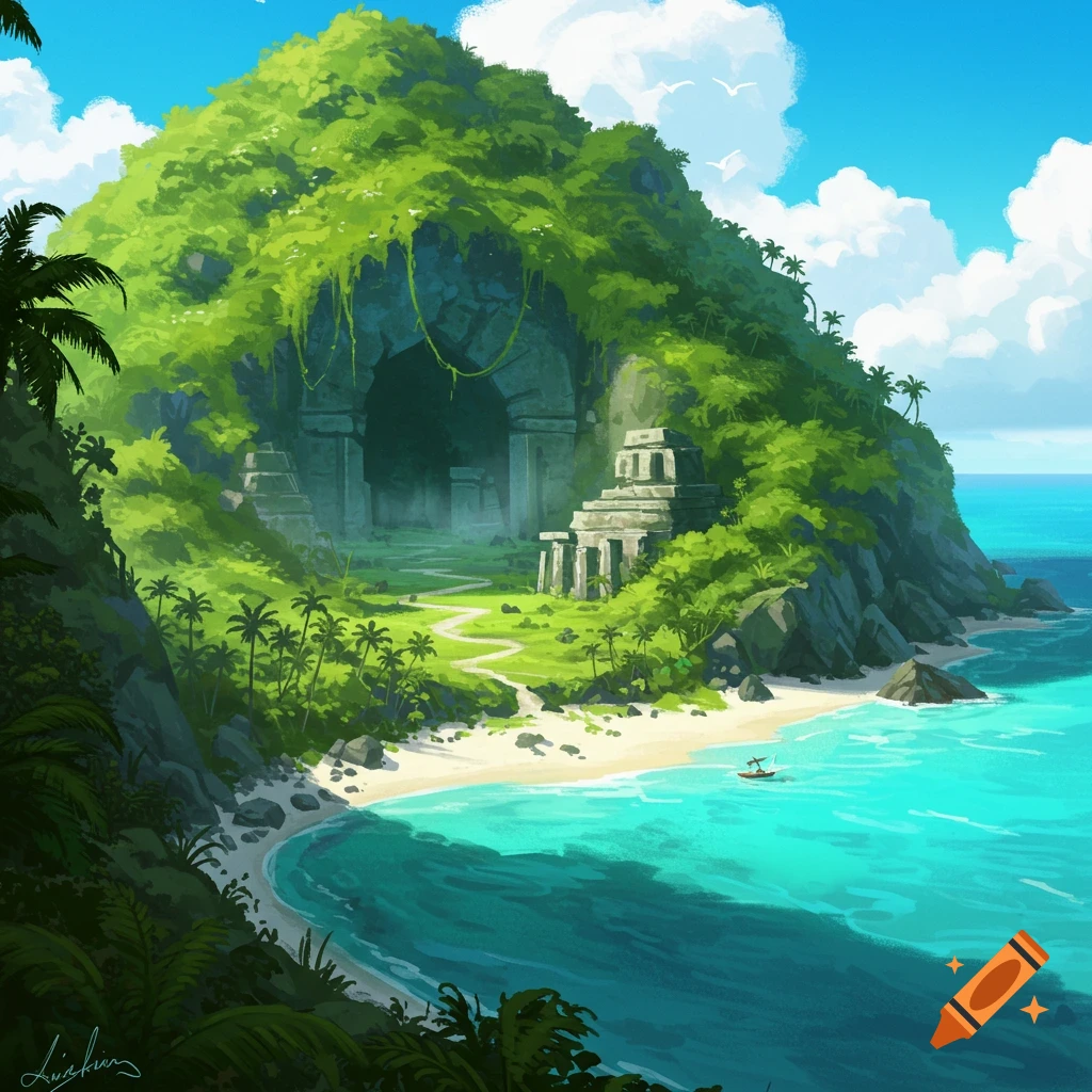 Illustration of a tropical island with ancient ruins on a jungle-covered mountain overlooking a turquoise beach.
