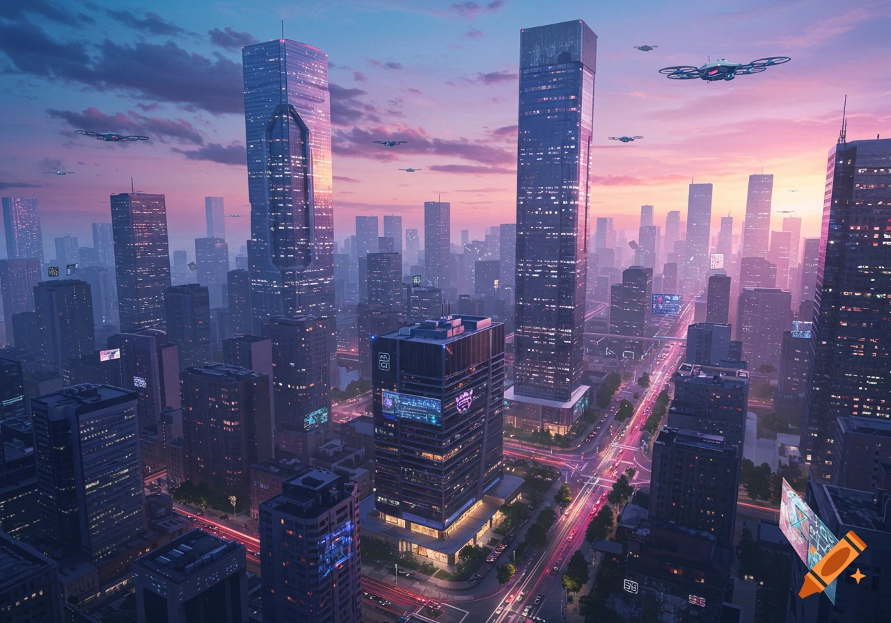 Futuristic cityscape at sunset with skyscrapers and drones. on Craiyon