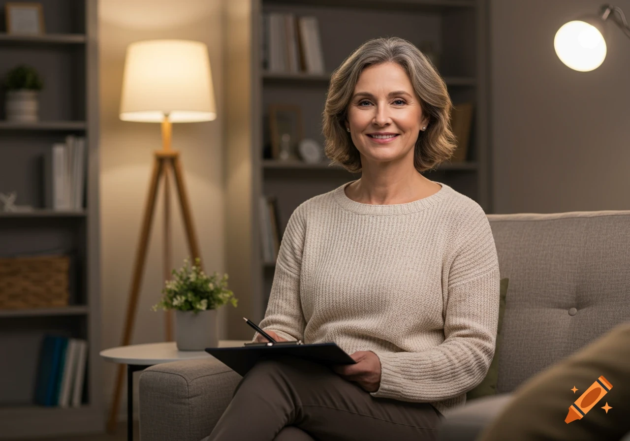 A middle-aged woman, possibly a therapist, sits on a sofa with a clipboard in an office.