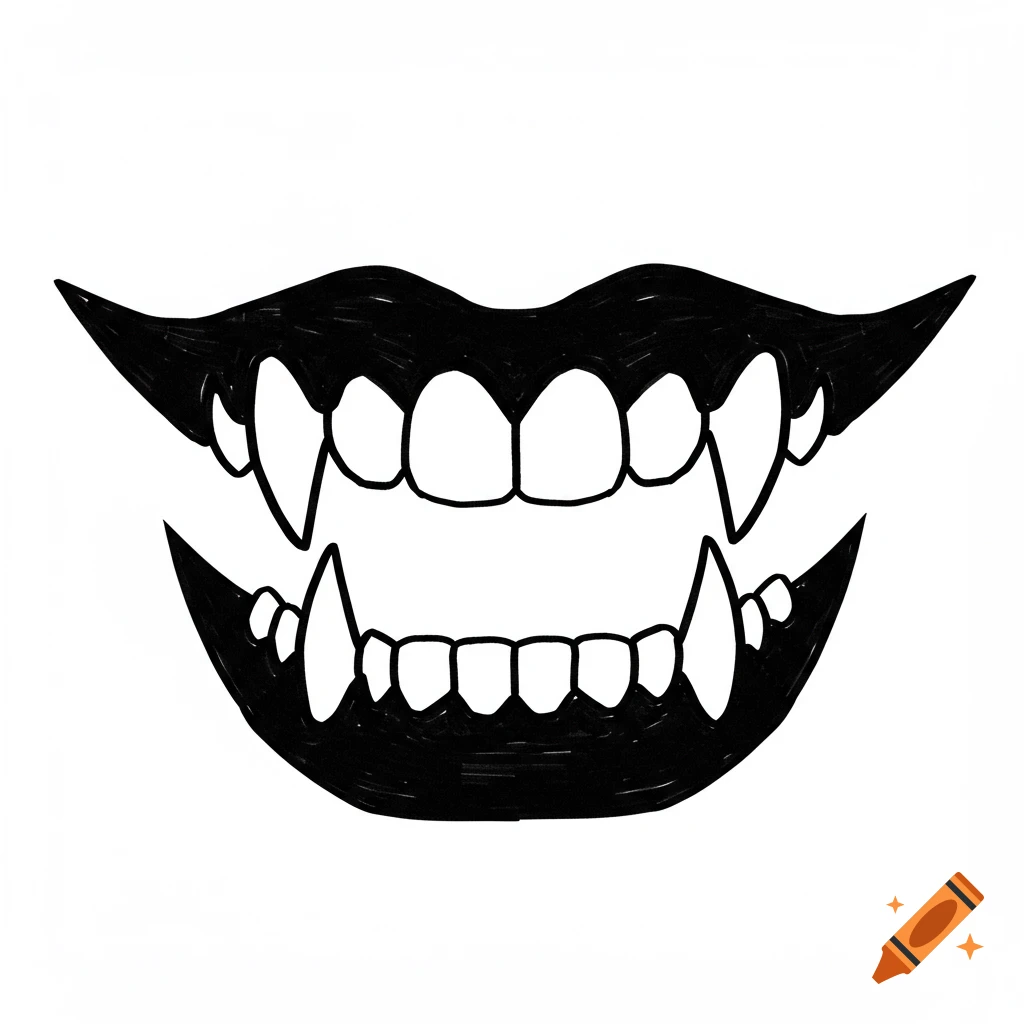 Black and white outline illustration of vampire teeth.