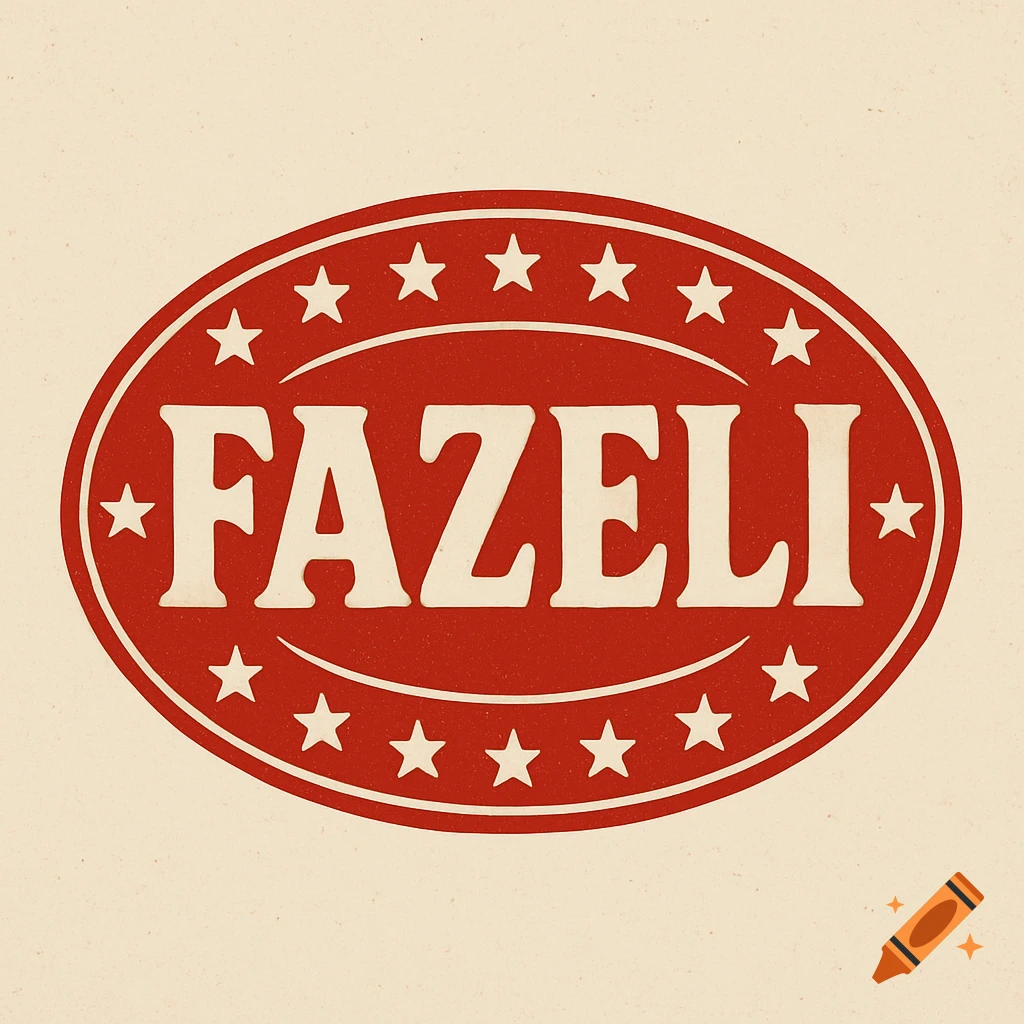 Red oval logo badge with white text "FAZELI" and stars.