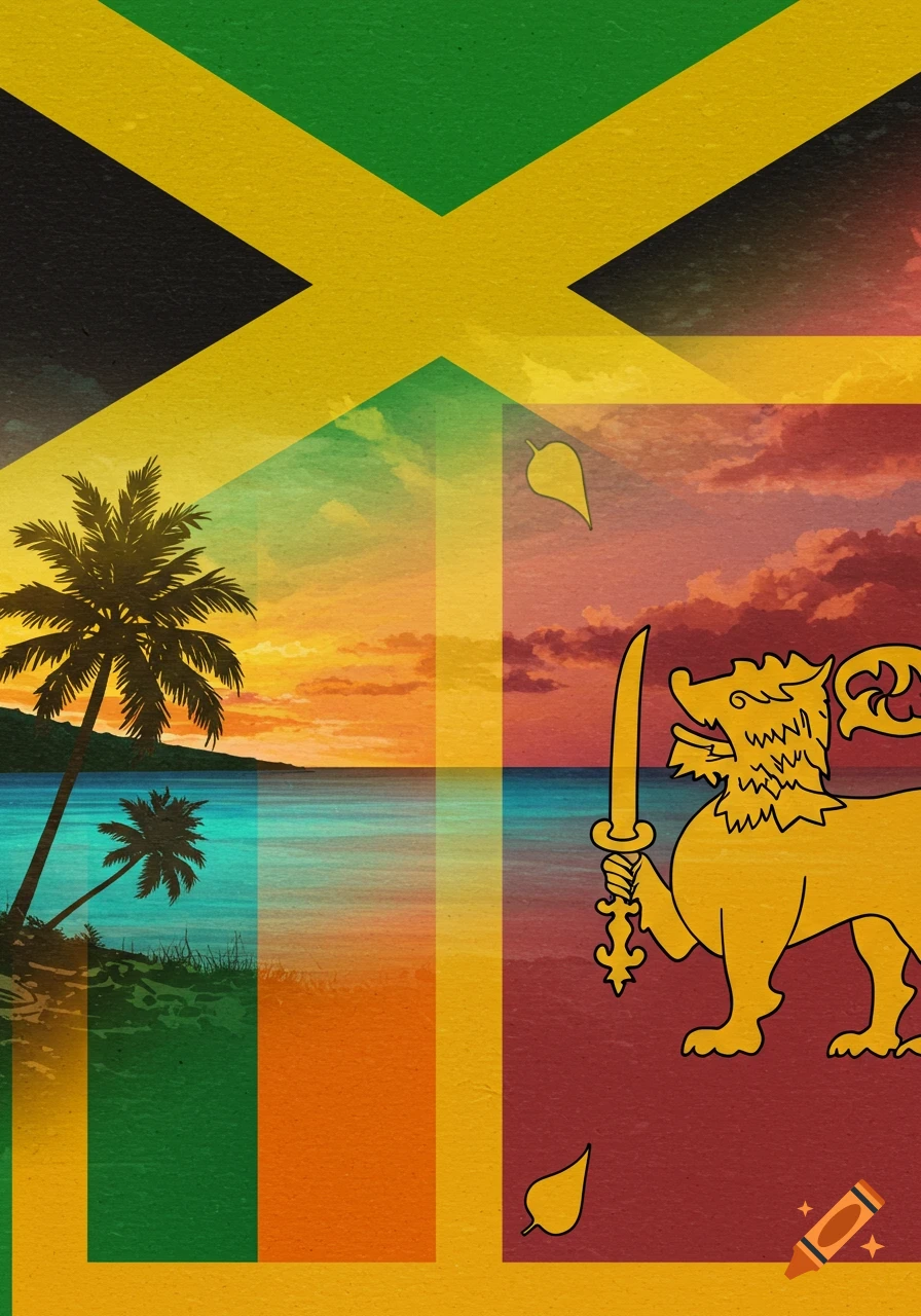 Illustration combining the Jamaican and Sri Lankan flags with tropical scenes.