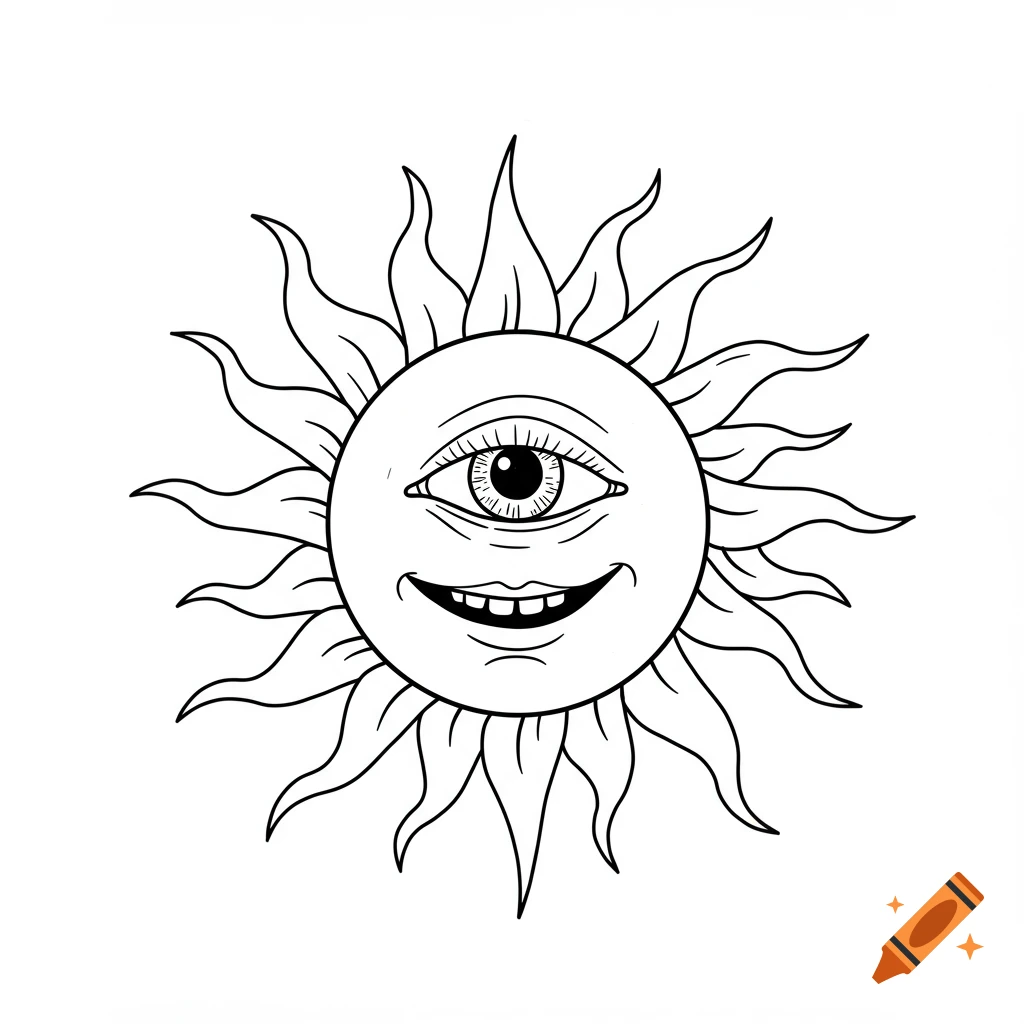 Black line illustration of a psychedelic sun with an eye and mouth.