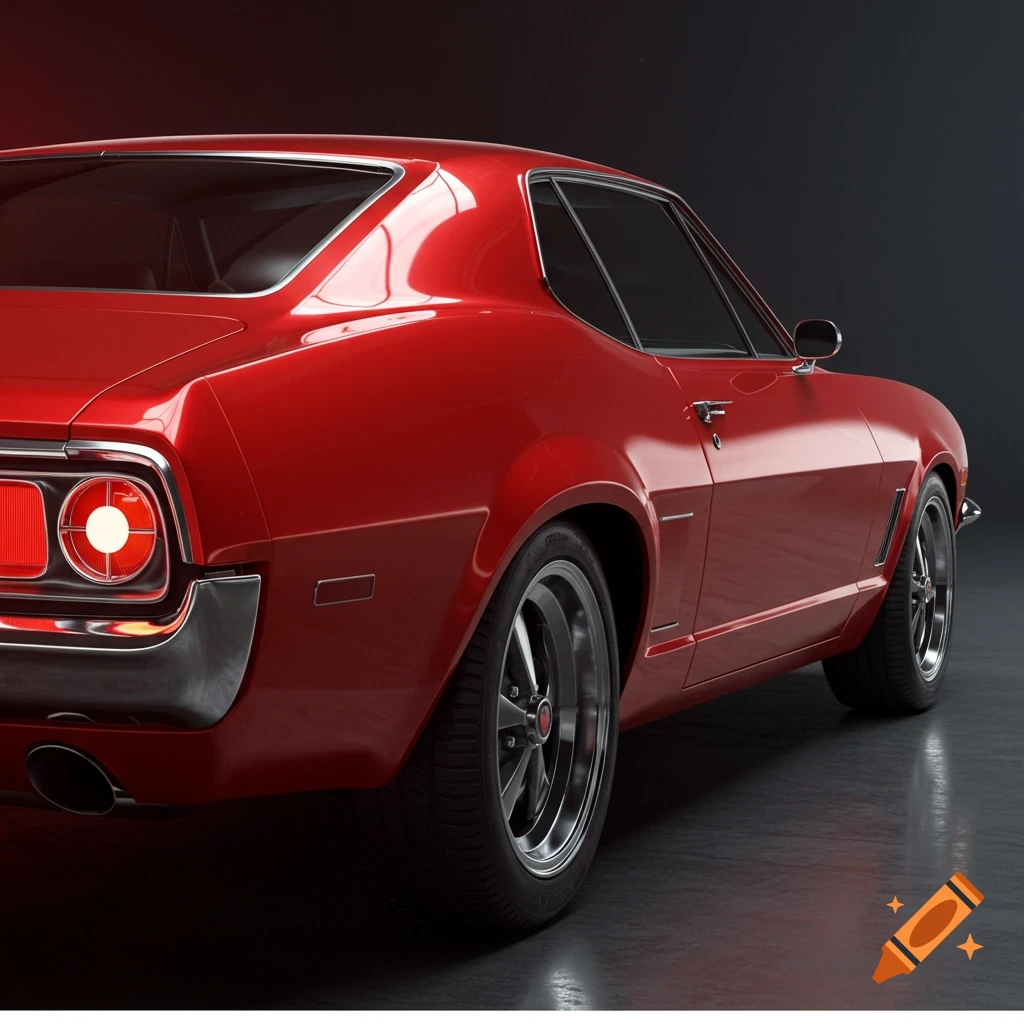 A red classic car is parked in a dark studio, viewed from the rear quarter angle.