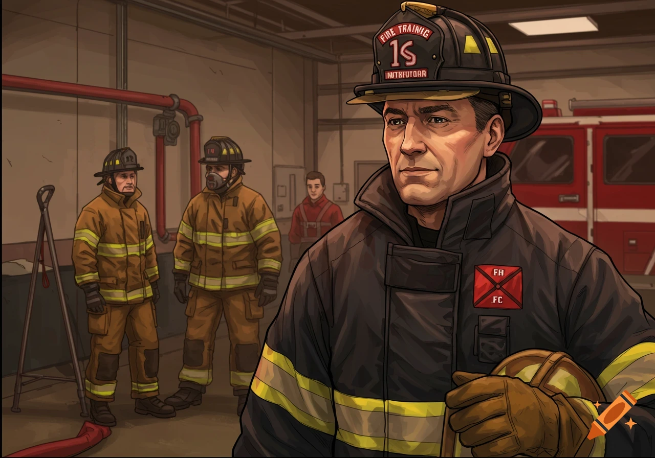 A firefighter instructor stands in the foreground, helmet in hand, while two others and a person are in the background of a fire station.