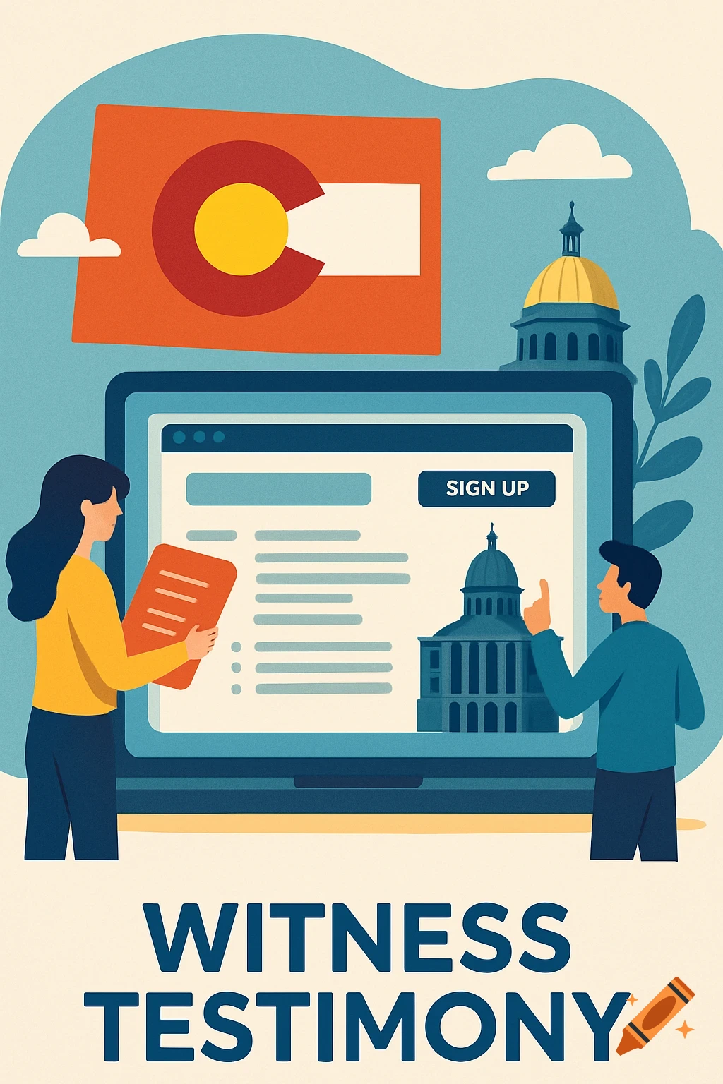 Stylized illustration of people with a laptop showing a web app and capitol building, with the Colorado symbol and 'Witness Testimony'