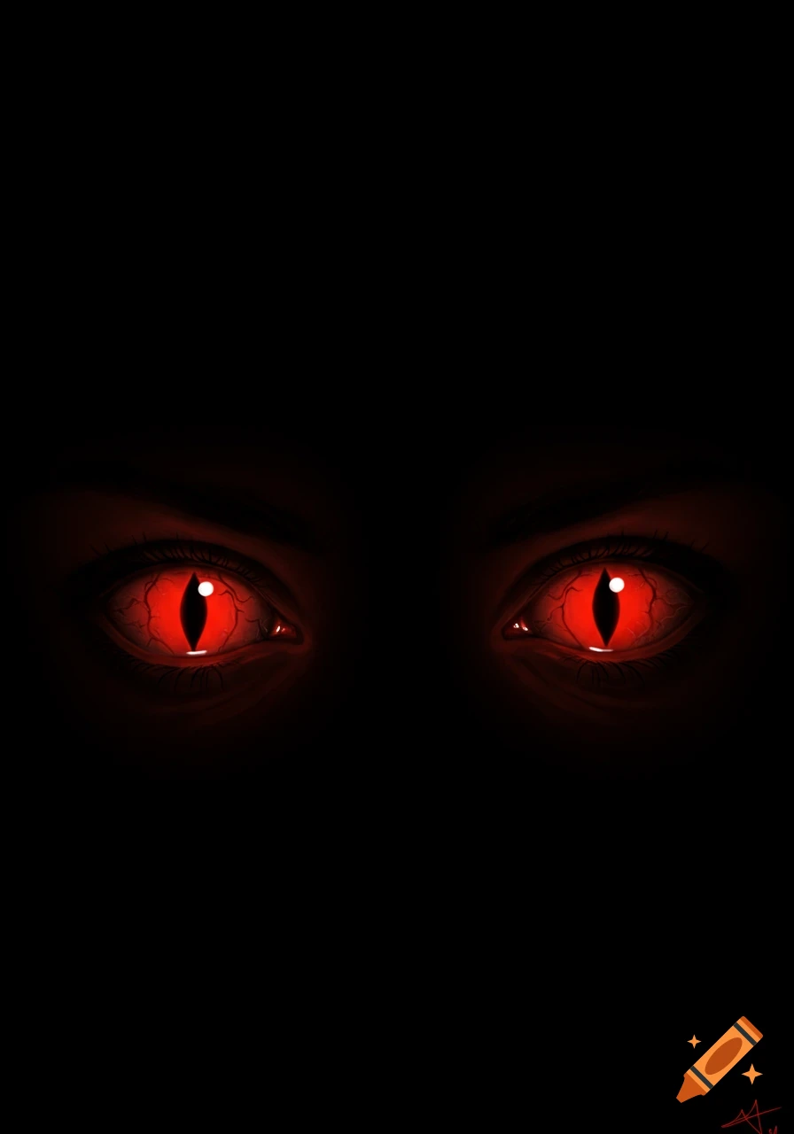Two glowing red cat-like eyes in darkness.