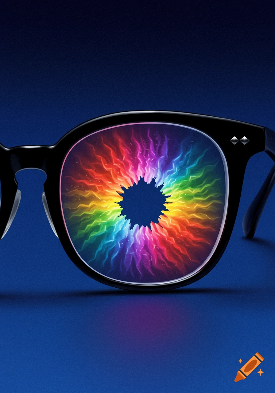 Close-up of black glasses with a rainbow light effect swirling around a central hole in the lens on a blue background.