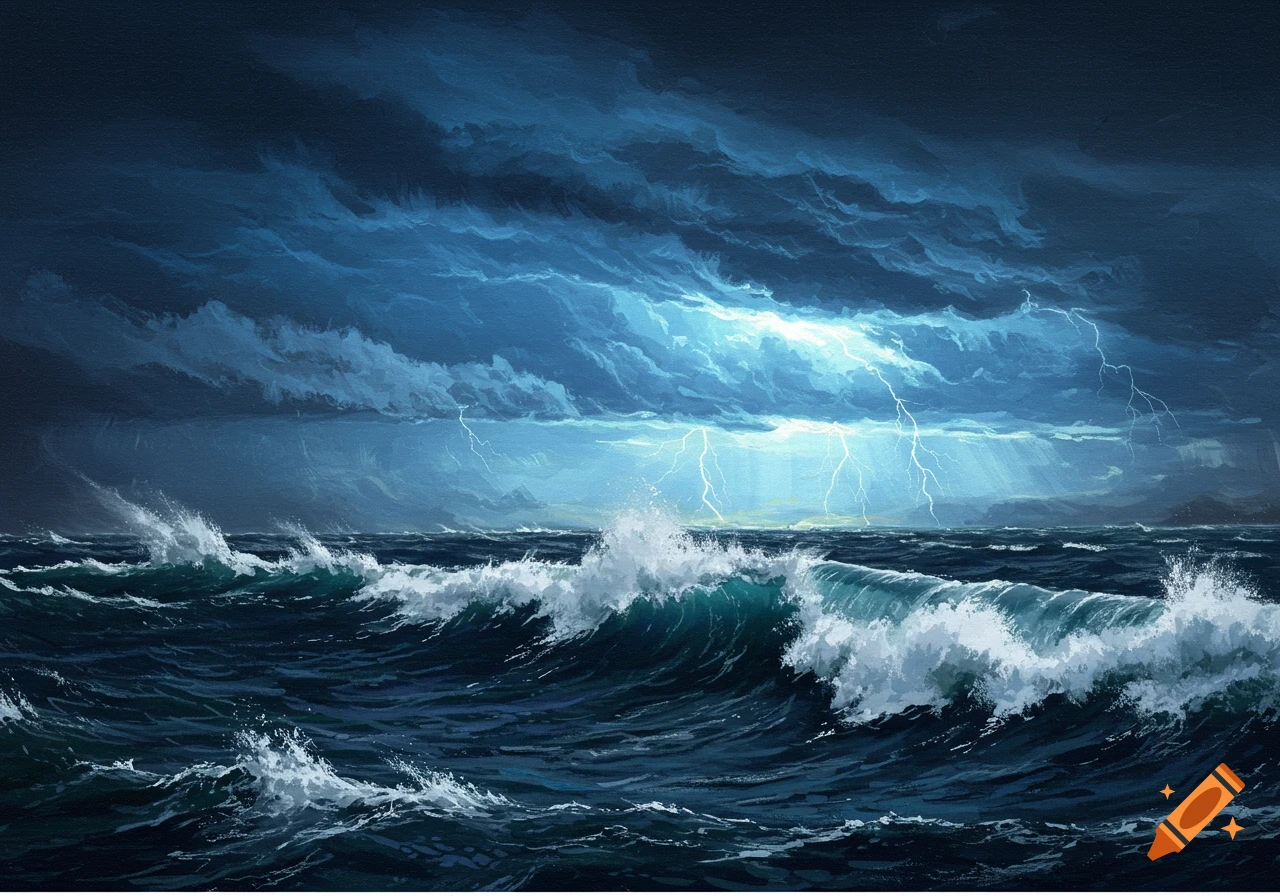Painting of a stormy sea with crashing waves, dark clouds, and lightning strikes.