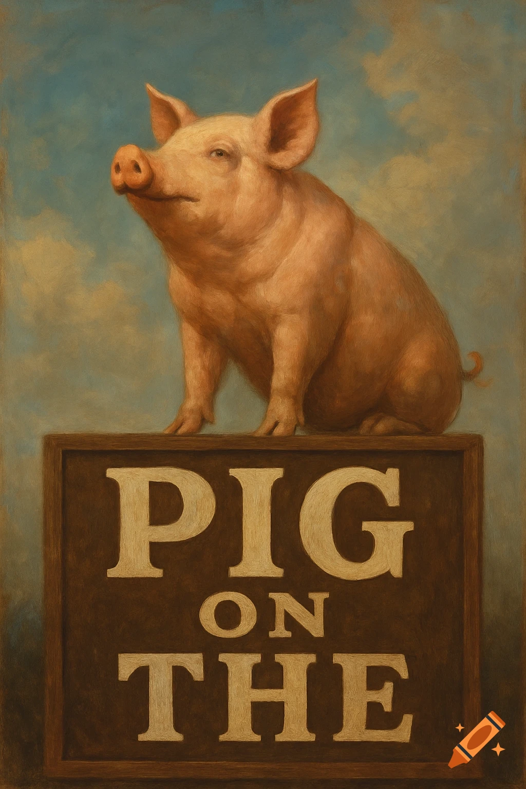 A painting of a pig sitting on a sign that says PIG ON THE.
