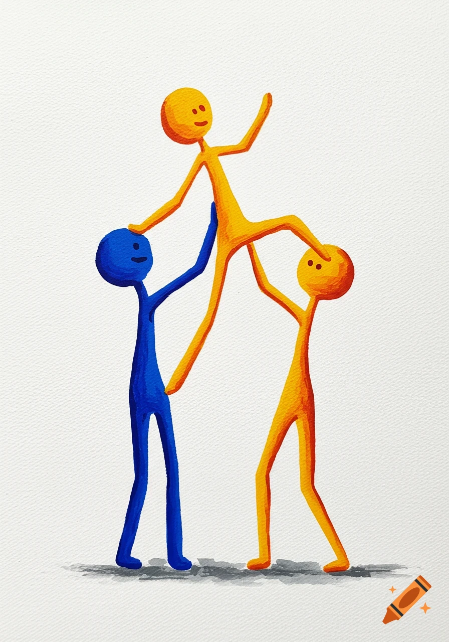 Three painted stick figures, two blue and one orange, lifting the third orange figure in a painted style.