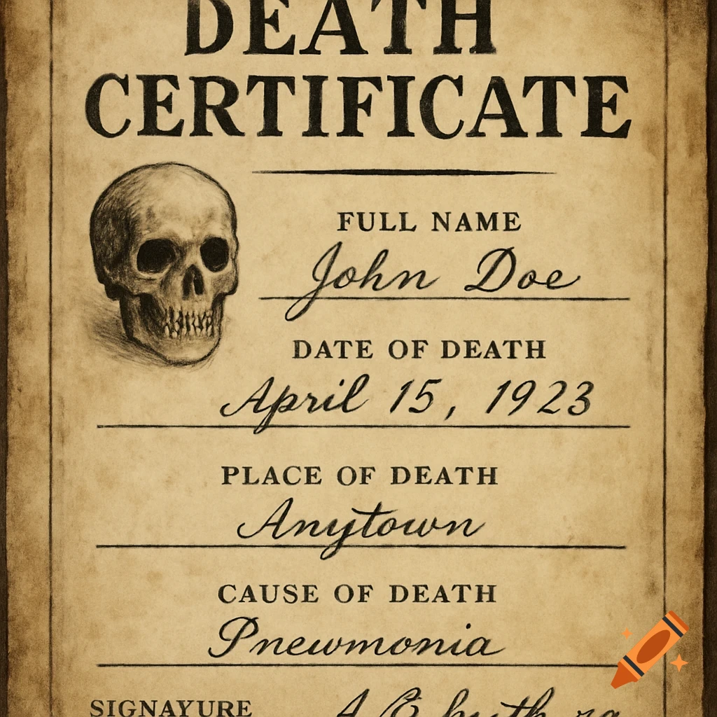 A vintage-style death certificate with a skull illustration.