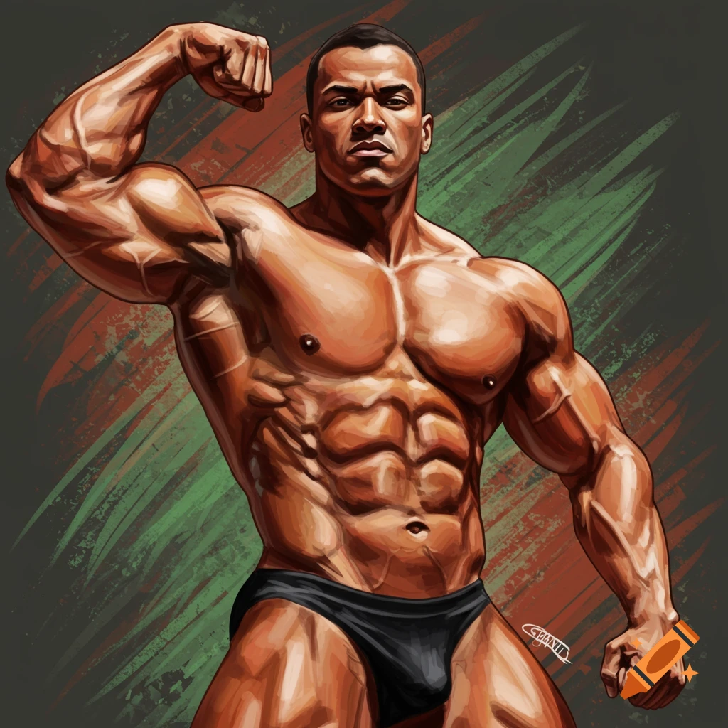 Digital painting of a muscular man posing.