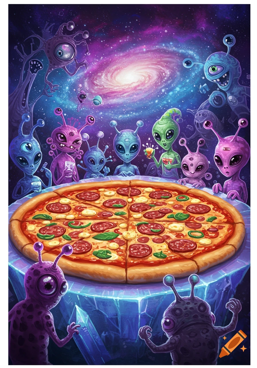 Colorful illustration of cartoon aliens sharing a large pizza under a galaxy sky
