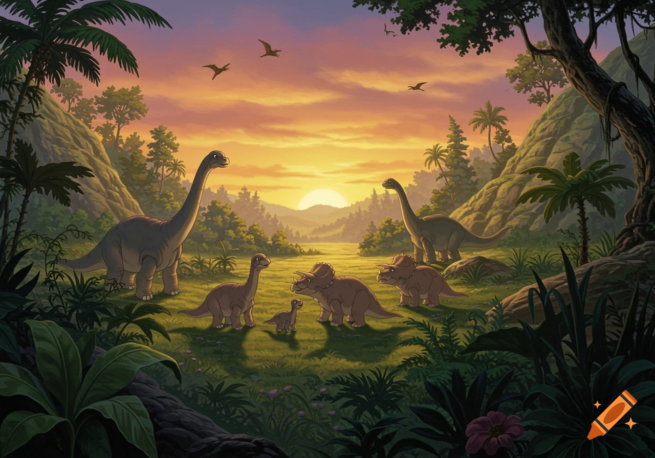 Animated illustration of dinosaurs in a prehistoric landscape at sunset
