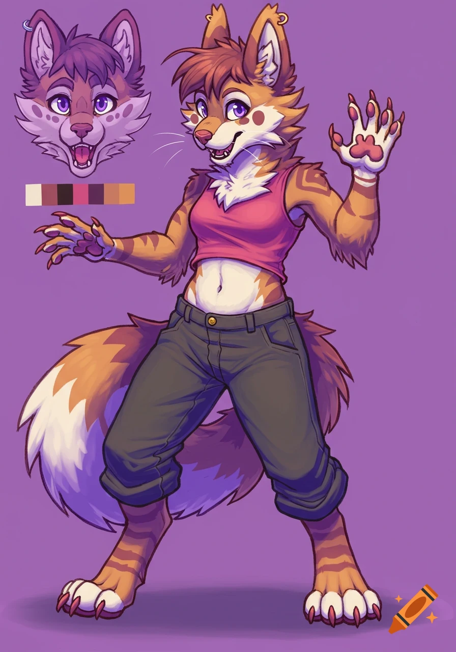An anthro character reference sheet of a fox or cat-like creature with a pink top and jeans, includes headshot and color palette.