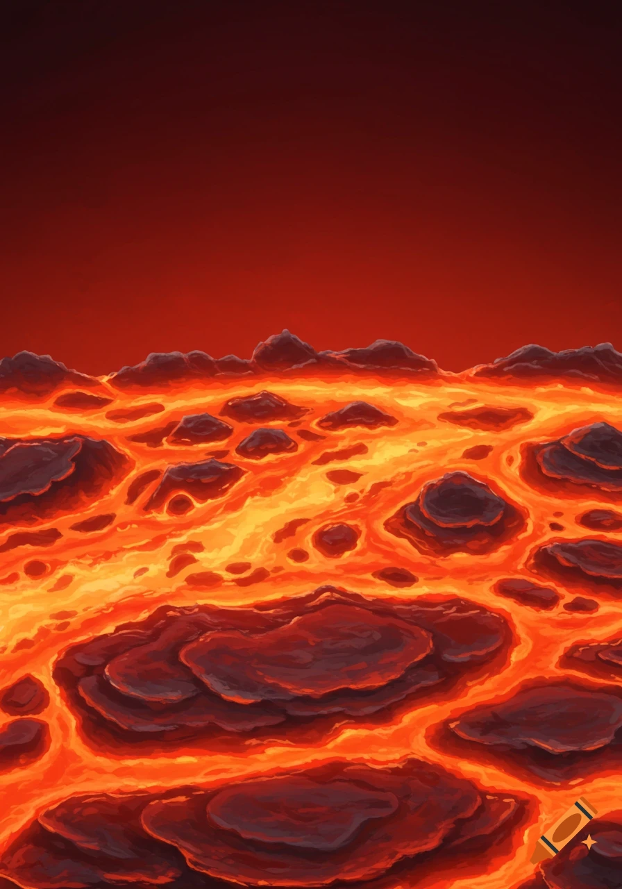 Stylized view of flowing red-hot lava over dark rocks under a red sky.
