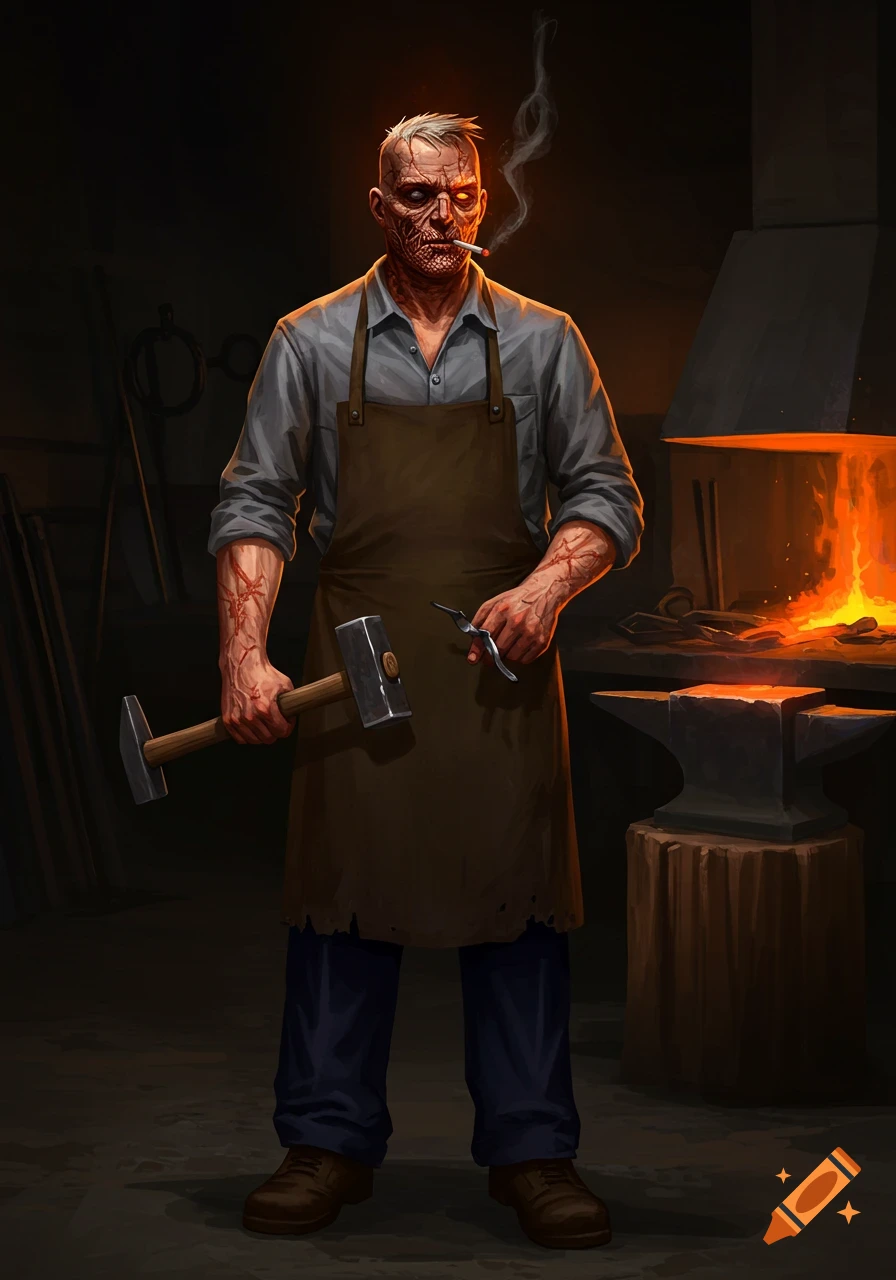 Blacksmith with burnt face in a forge, holding hammer and pliers, smoking.