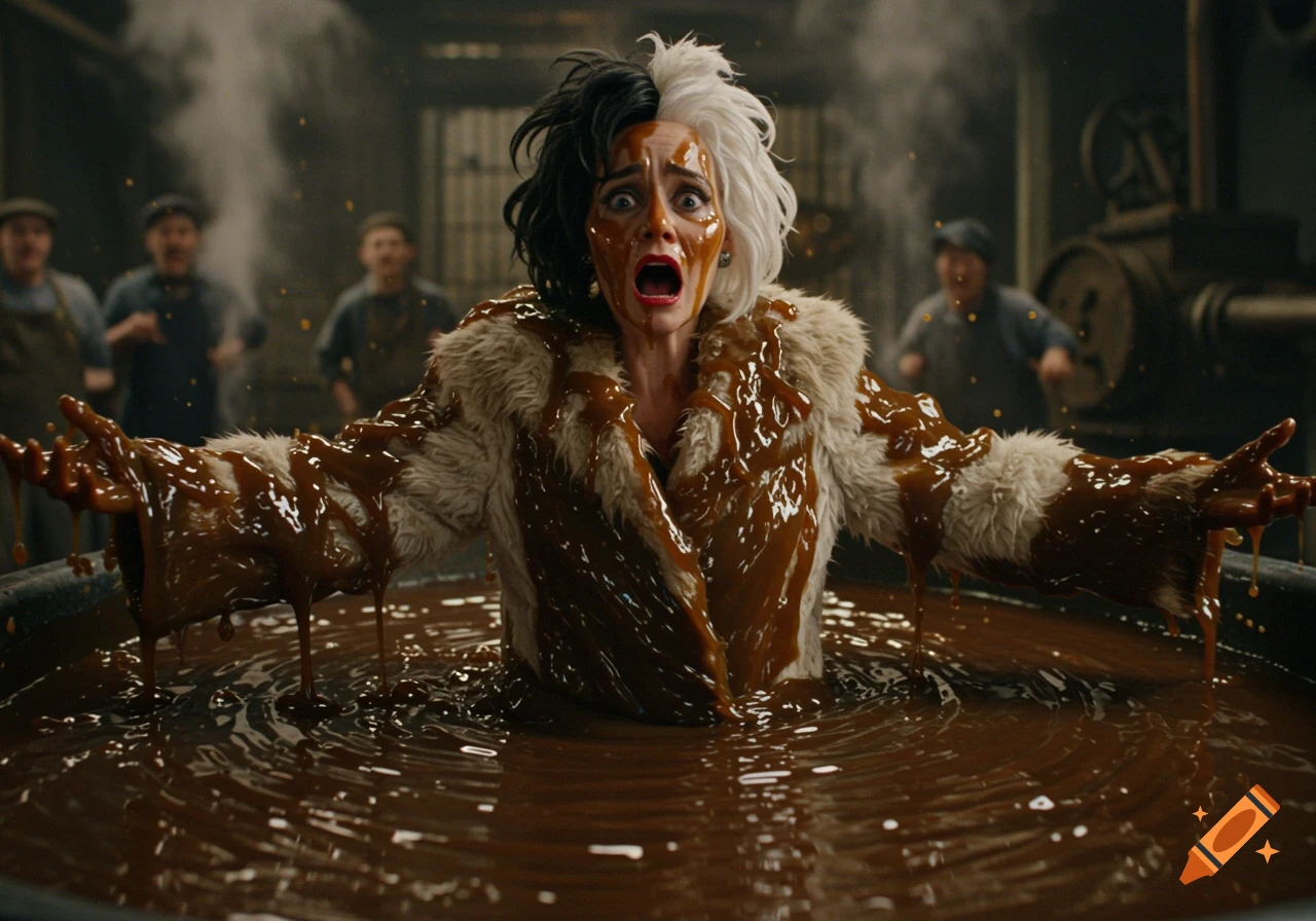 A woman resembling Cruella de Vil screams while covered in brown molasses in a factory setting.