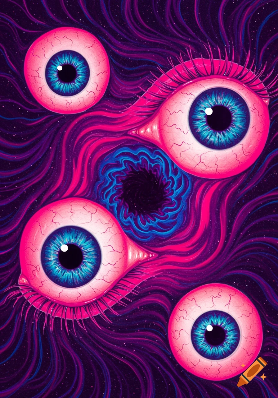Psychedelic art of multiple blue eyeballs with pink surrounds and veins, intertwined with swirling purple and pink patterns against a starry background.
