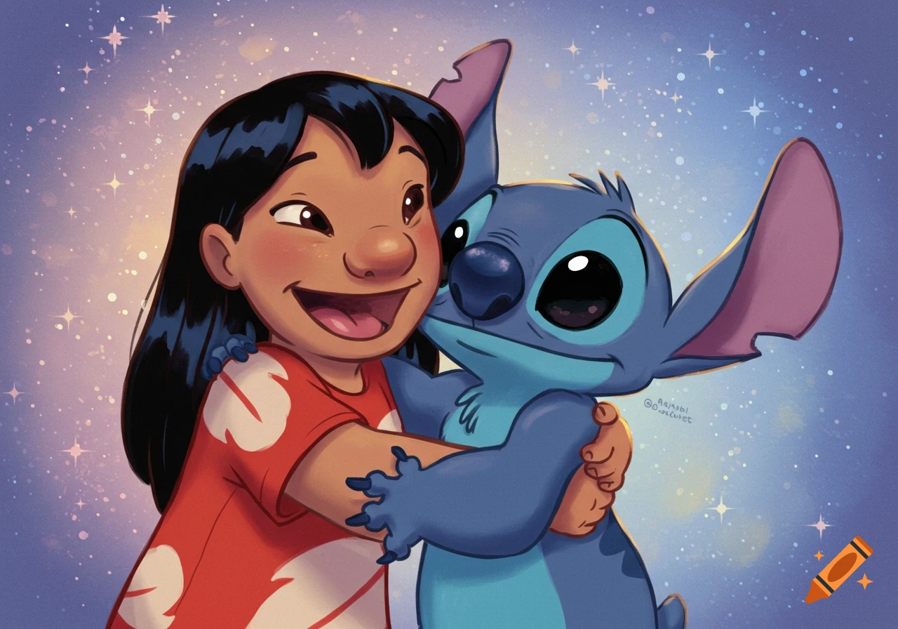 Lilo and Stitch hugging under a starry sky in a cute illustration style.