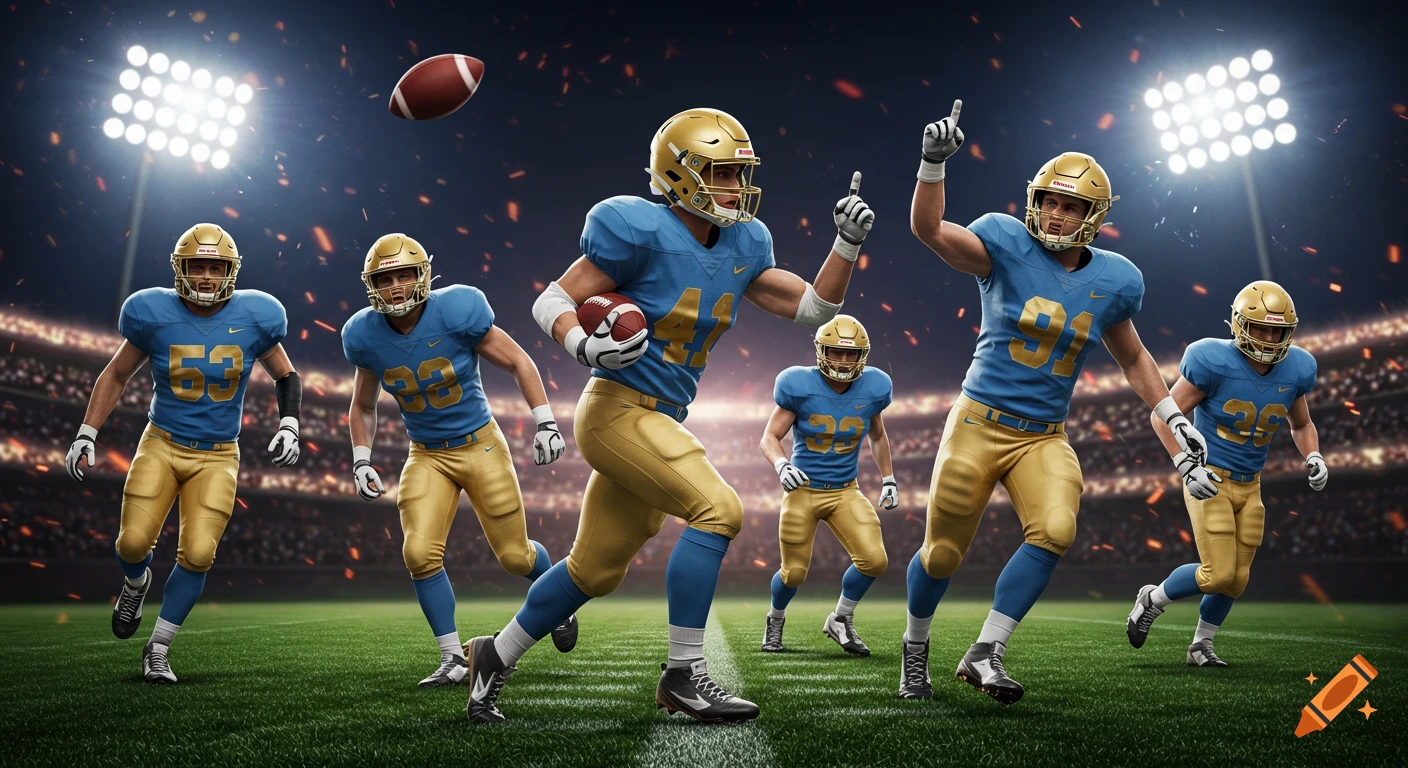 American football players in blue and gold uniforms running on a field under stadium lights during a game.