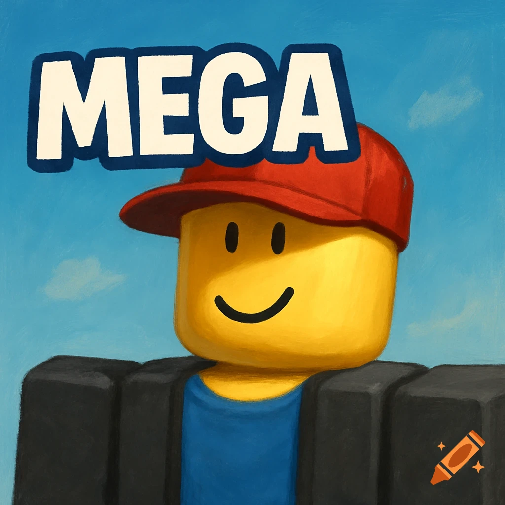 Stylized digital painting of a Roblox character with a red cap and smiling face, with large text 'MEGA' above.