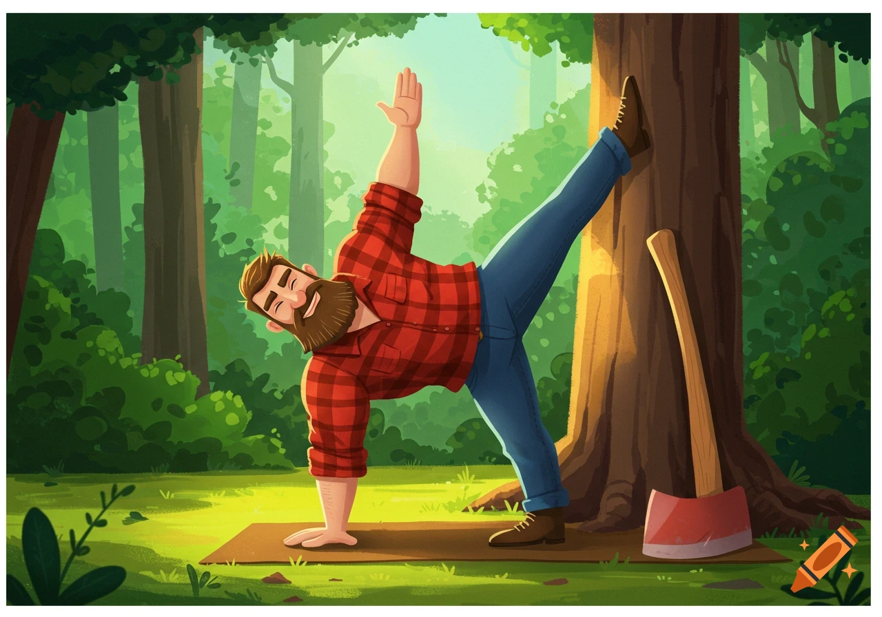 Cartoon lumberjack does yoga in a forest with an axe nearby