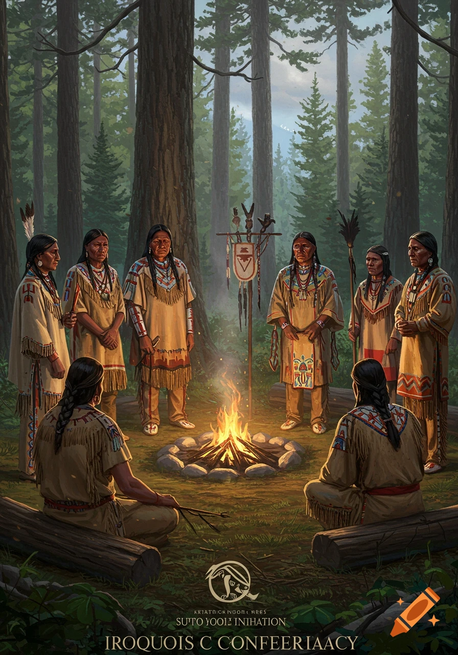 Group of figures in traditional clothing gathered around a campfire in a forest, illustration.