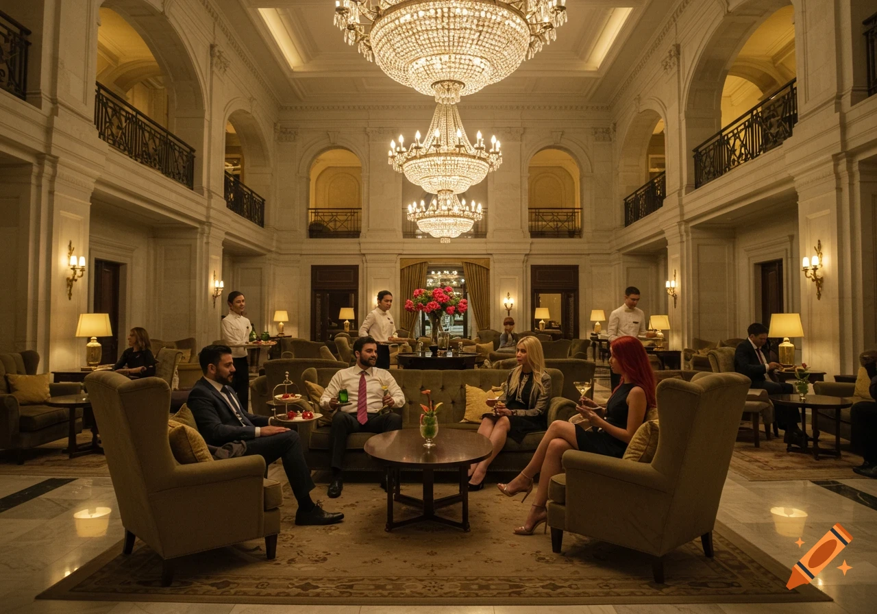 A luxurious hotel lobby with guests and staff lounging under large chandeliers, featuring ornate architecture. Photorealistic.