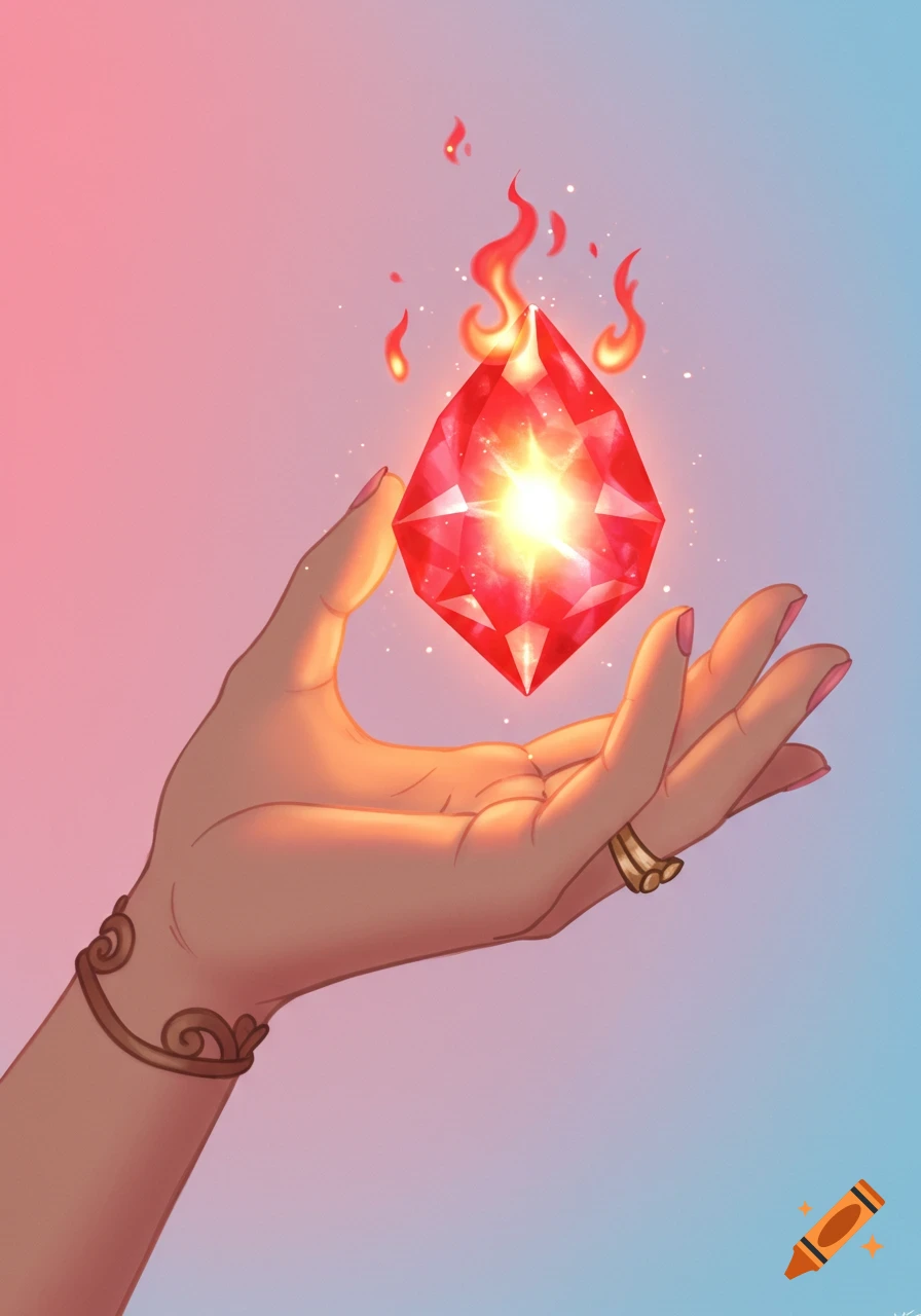 Anime style hand holding a glowing red gem surrounded by flames.