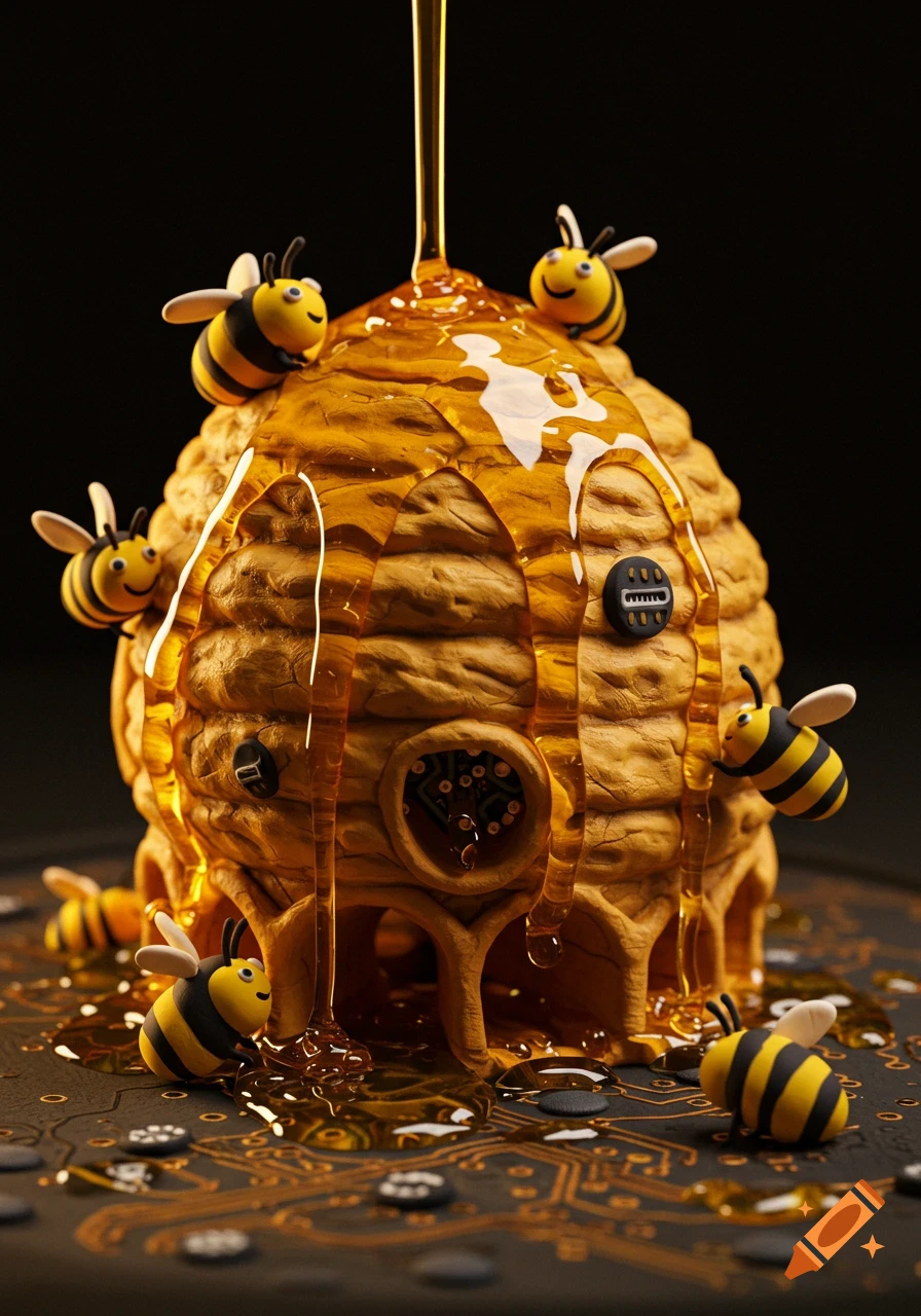 Clay model diorama of a beehive on a circuit board base with dripping honey and cute bees.