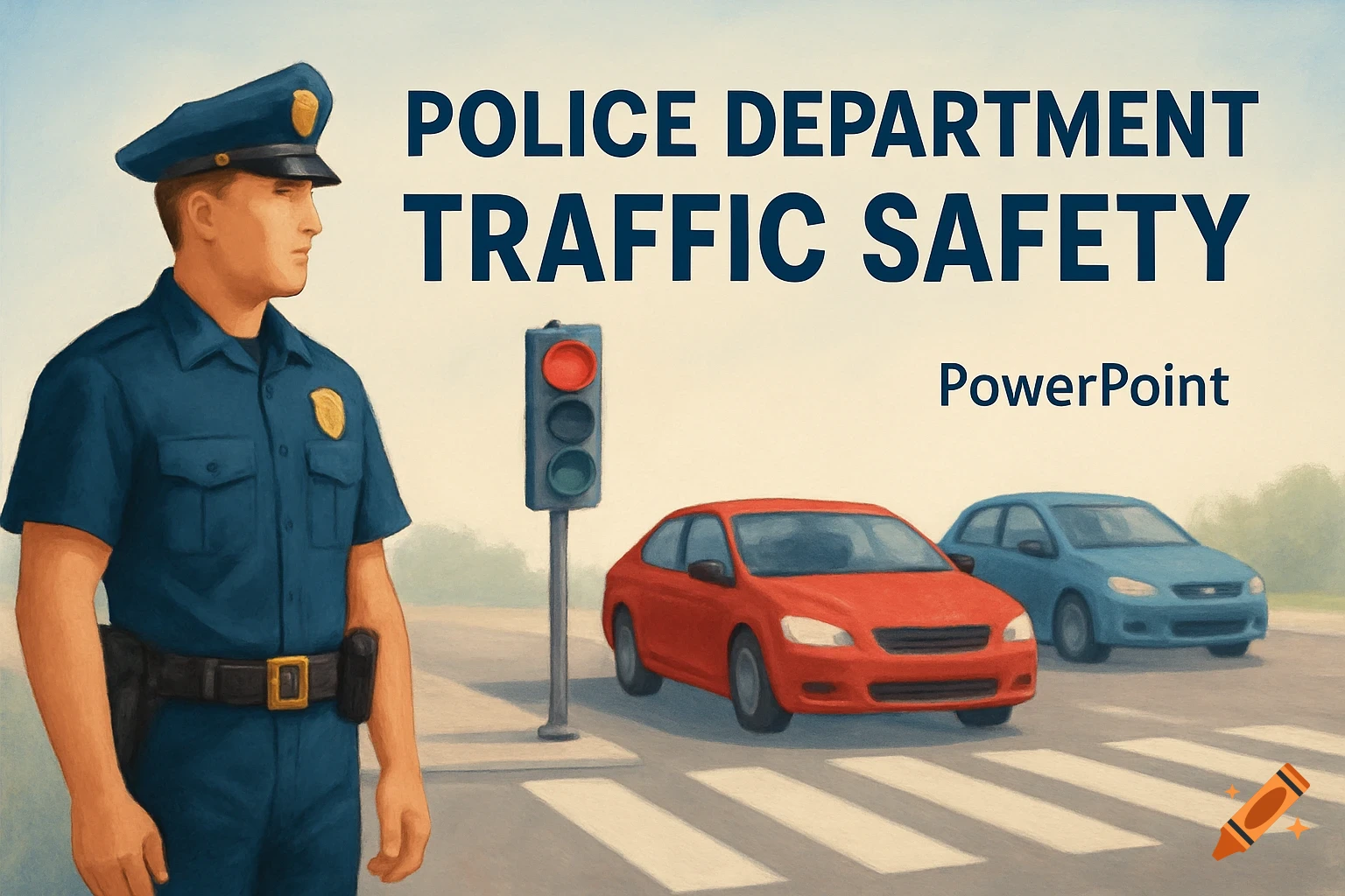 A police officer stands near a traffic light with cars on a road. Text reads 'POLICE DEPARTMENT TRAFFIC SAFETY PowerPoint'.