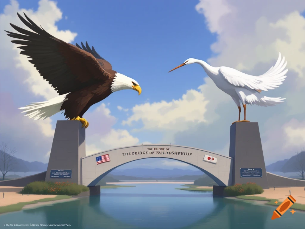 Illustrative depiction of a bridge monument with an eagle statue and a crane statue.