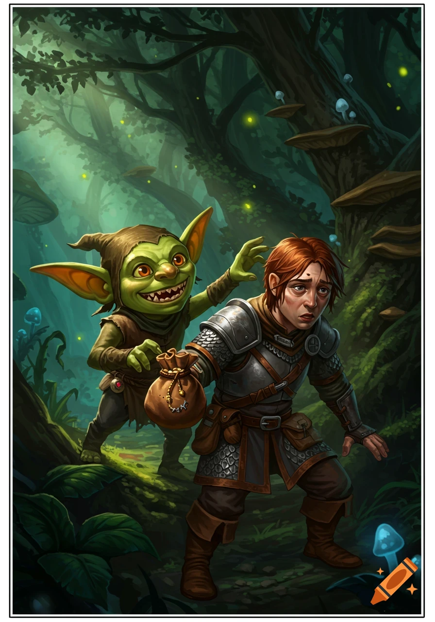 A green goblin steals a coin pouch from an adventurer in a fantasy forest.
