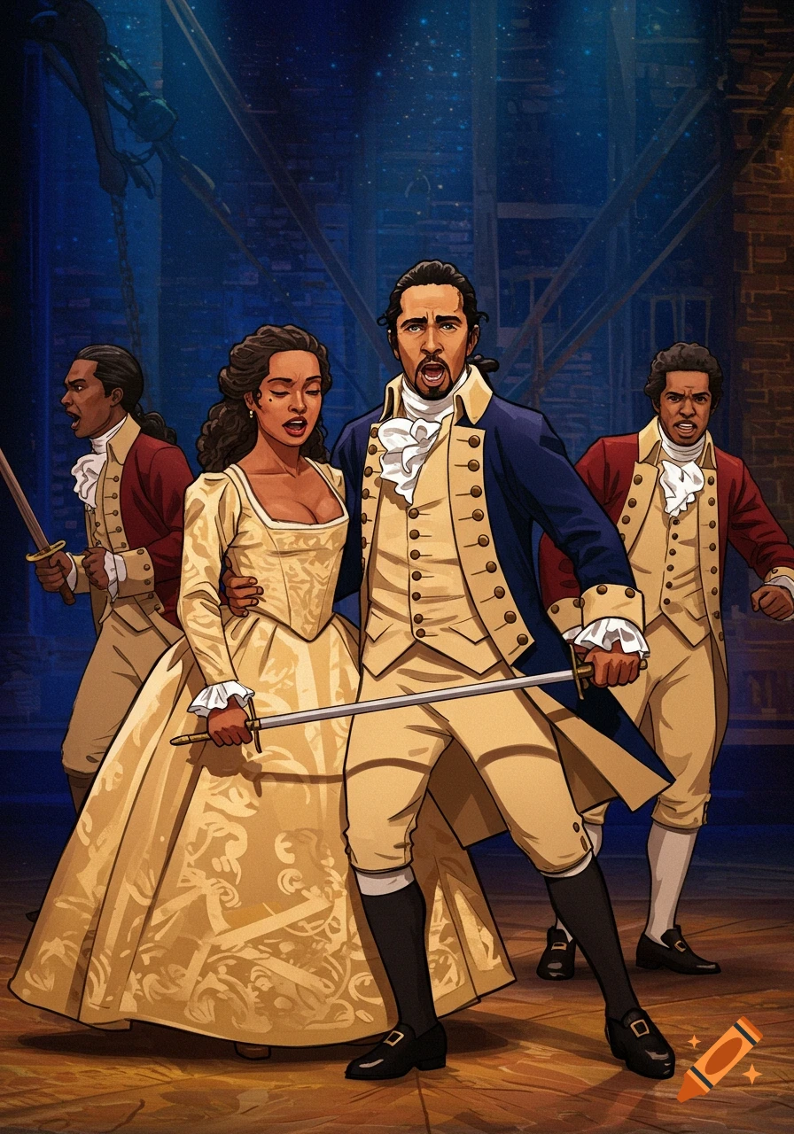 Illustration of characters from a historical musical, in costumes and holding swords on a stage.