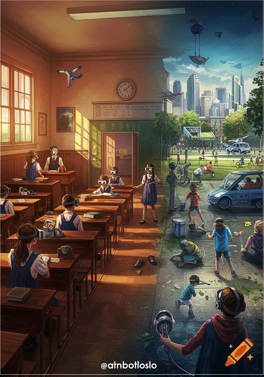 Classroom with students in VR headsets transitions to lively outdoor urban scene with children playing.