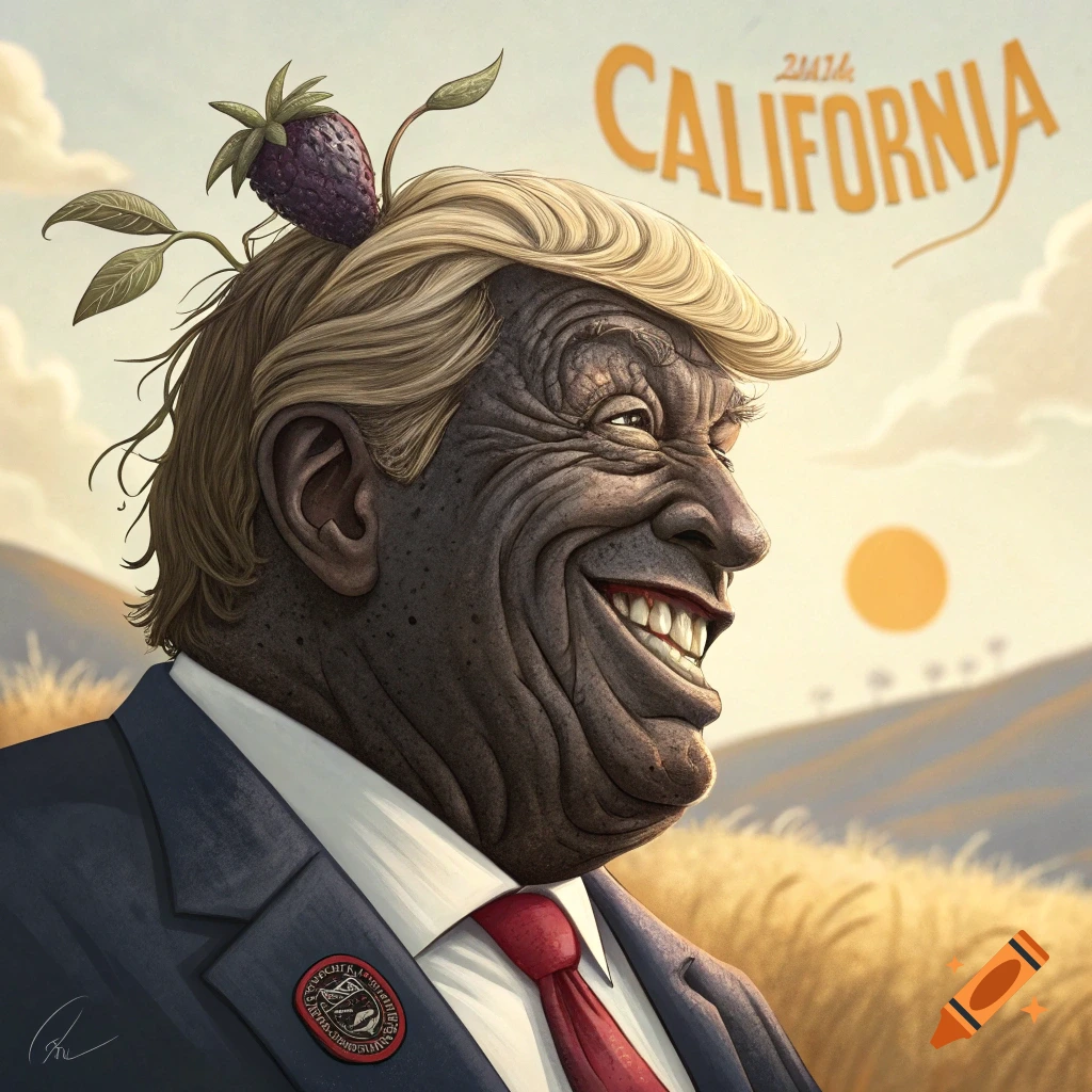 Caricature of Donald Trump as a raisin, with a strawberry on his head, standing in a field under text "CALIFORNIA".