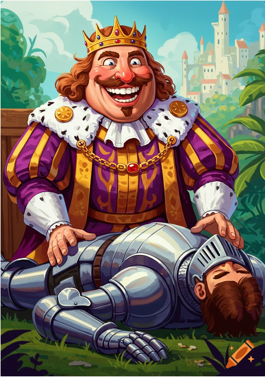An illustration of a smiling king in regal robes standing over a defeated knight in armor.