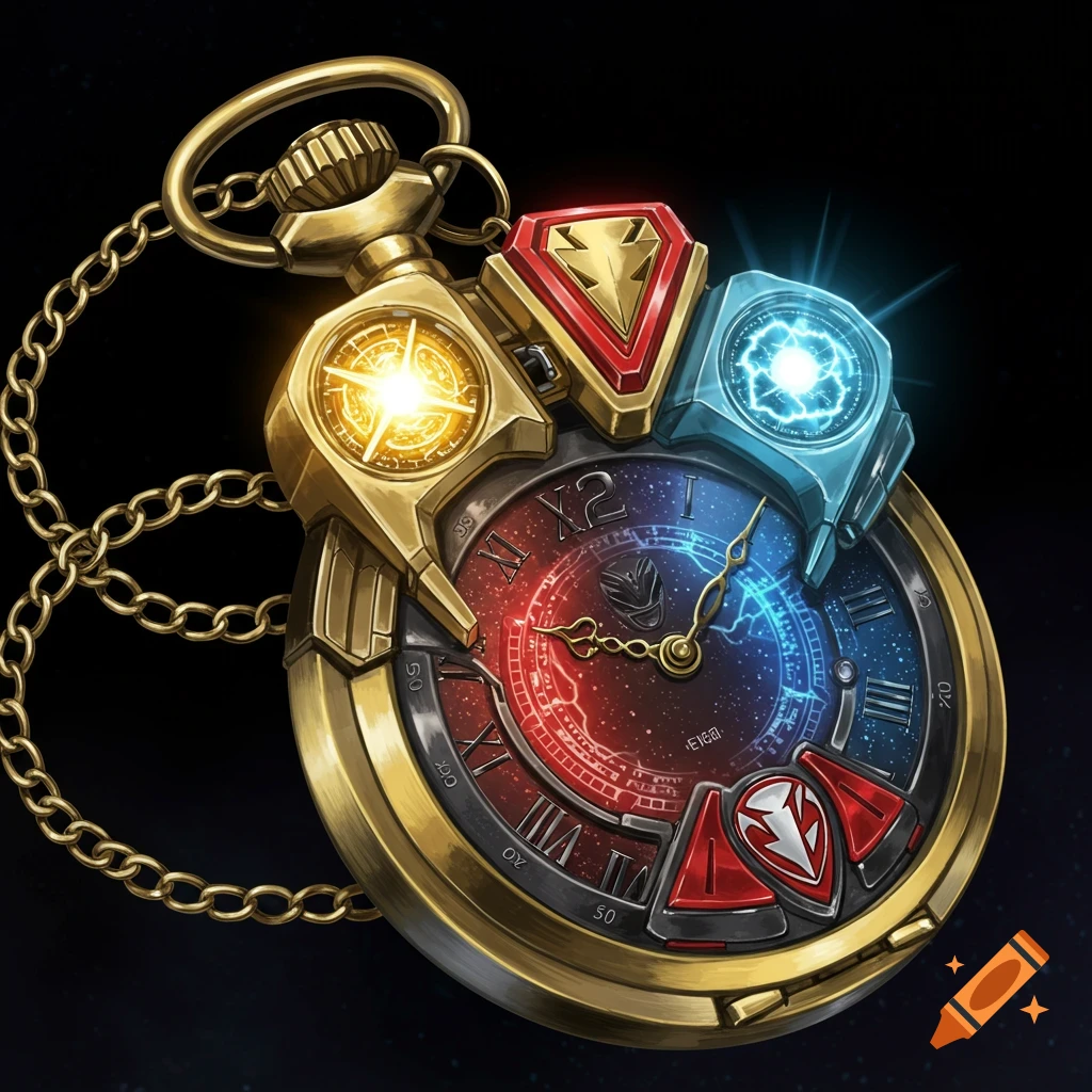 A detailed golden pocket watch designed as a Power Rangers morpher.