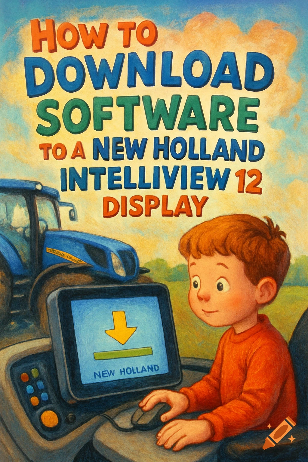 Illustration of a boy in a tractor using a computer screen, with text 'How to Download Software...'